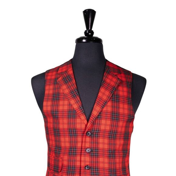 Mens Waistcoat Suit Vest 40R Red Black White Plaid 100% Wool Formal Wedding Prom - Picture 4 of 9